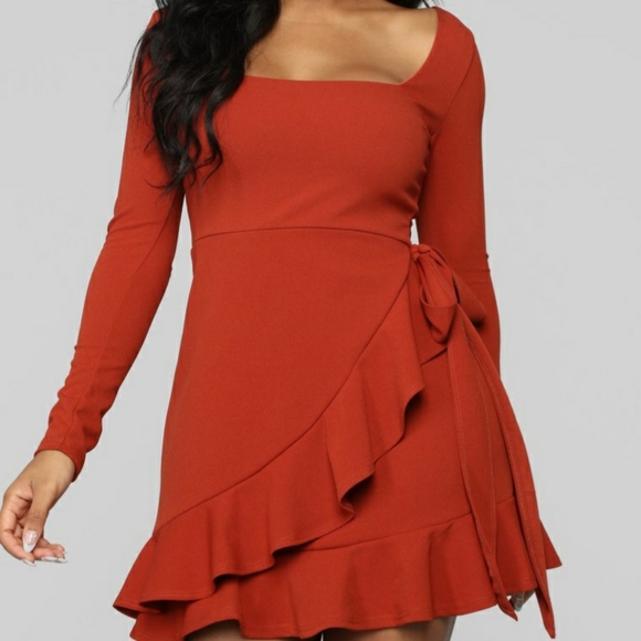 FN Rust Faux Wrap Ruffle Mini Dress sz S - Picture 1 of 7